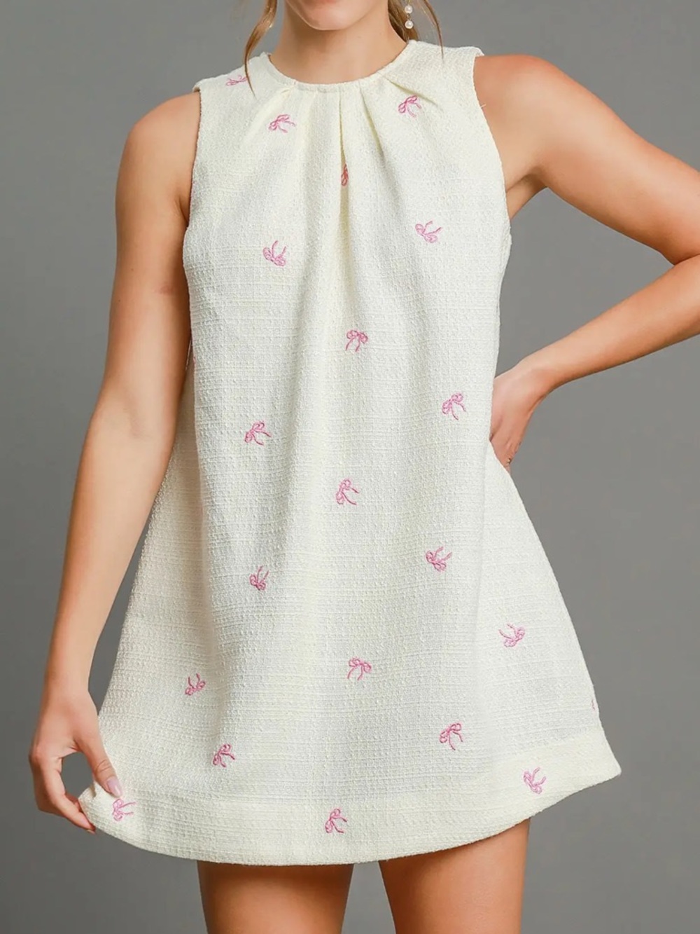 NWT UMGEE Retro Cream Tweed Pink Bow Mini Dress S M L